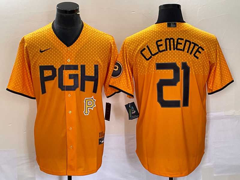 Men%27s Pittsburgh Pirates #21 Roberto Clemente Gold 2023 City Connect Stitched Jersey 1->pittsburgh pirates->MLB Jersey